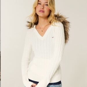 Hollister Faux Fur Trim Hooded Cable-Knit Sweater